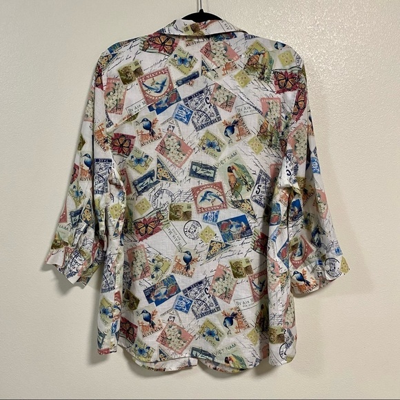 Chicos Shirt Women’s Size XL Stamp travel 100% Linen Non Iron button up Shirt - Picture 5 of 12